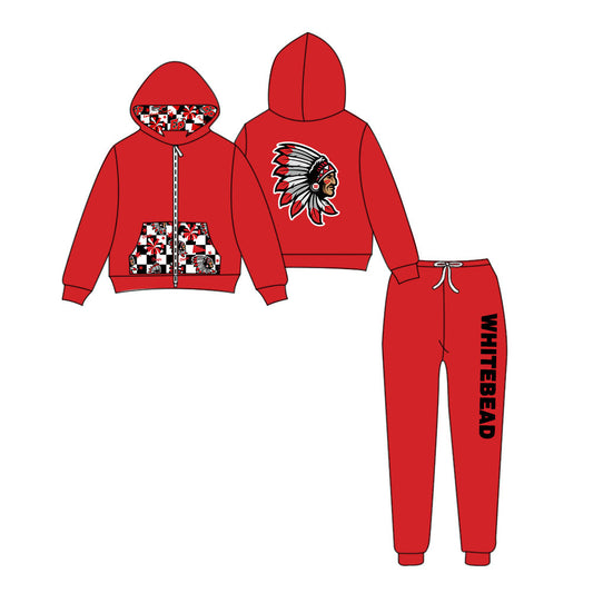 (Custom Design Preorder MOQ 5) Team's WHITEBEAD Zipper Hoodie Top Red Pants Kids Fall Clothes Set