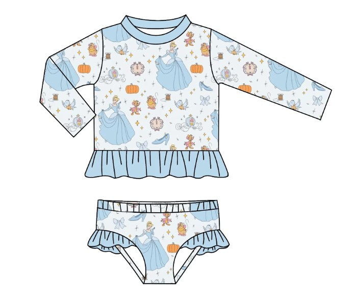 (Custom Design Preorder MOQ 5) Cartoon Princess Pumpkin Print Girls 2 Pieces Long Sleeve Swimsuits