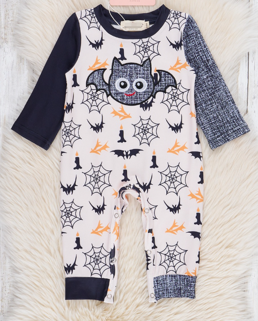 (Custom Design Preorder MOQ 5) Bat Web Print Baby Boys Halloween Romper