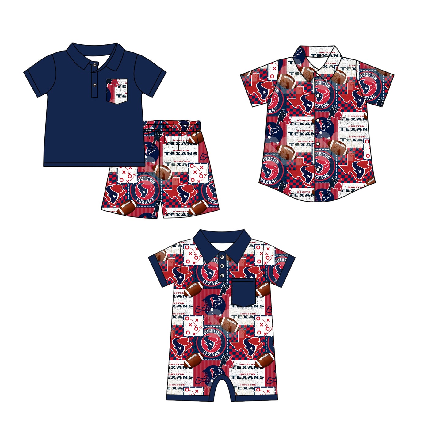 11.14(Custom Design Preorder MOQ 5 Each Design) Team's HOUSTON TEXANS Print Navy Top Boys Summer Matching Clothes Brothers Wear