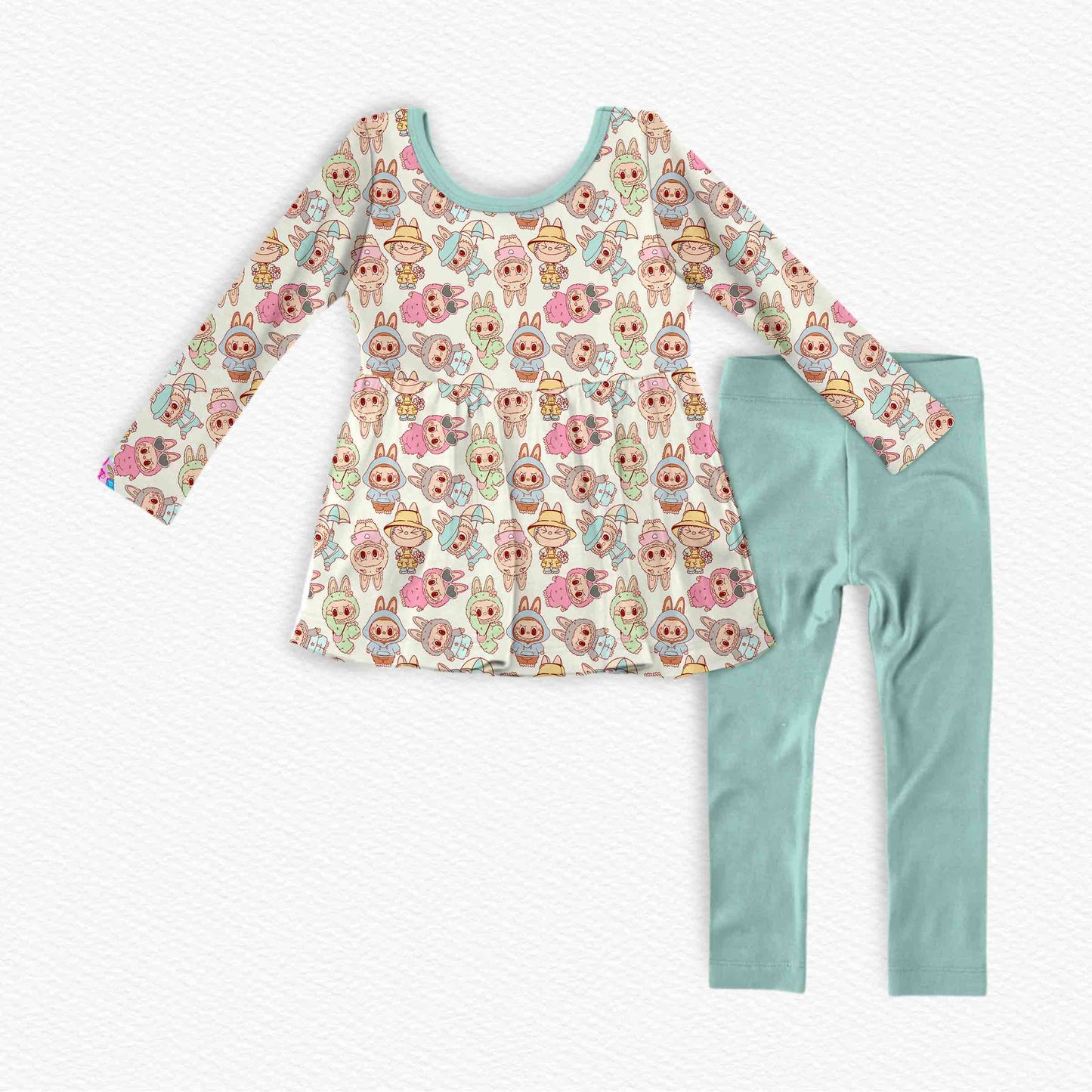 (Custom Design Preorder MOQ 5) Cartoon Labub* Tunic Top Legging Pants Girls Clothes Set