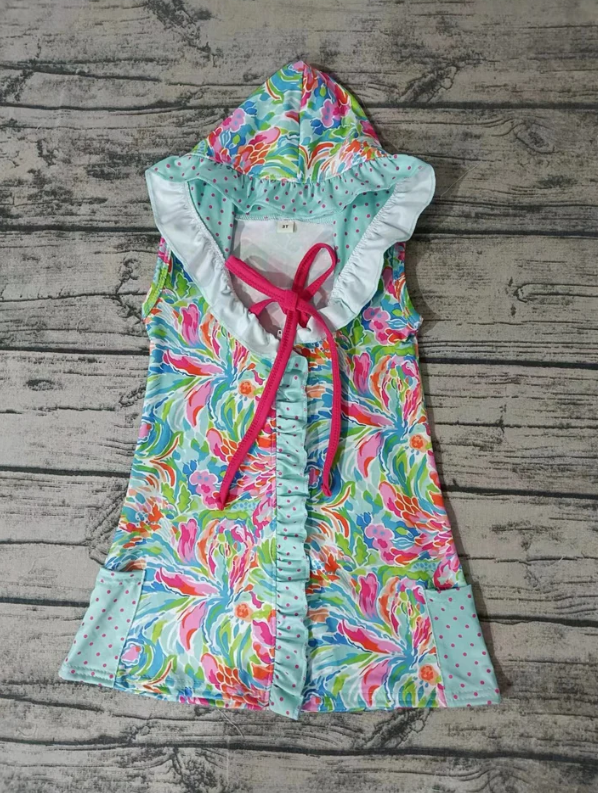 (Custom Design Preorder MOQ 5) Colorful Flowers Print Girls Hooded Swimming Coverup