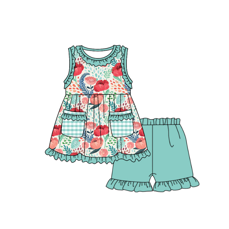 (Custom Design Preorder MOQ 5) Green Flowers Print Pockets Top Ruffle Shorts Girls Summer Clothes Set