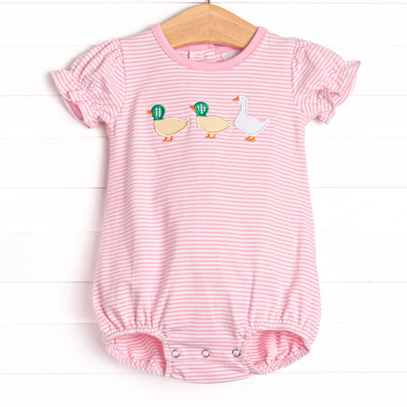 (Custom Design Preorder MOQ 5) Duck Stripes Pink Print Baby Girls Summer Romper