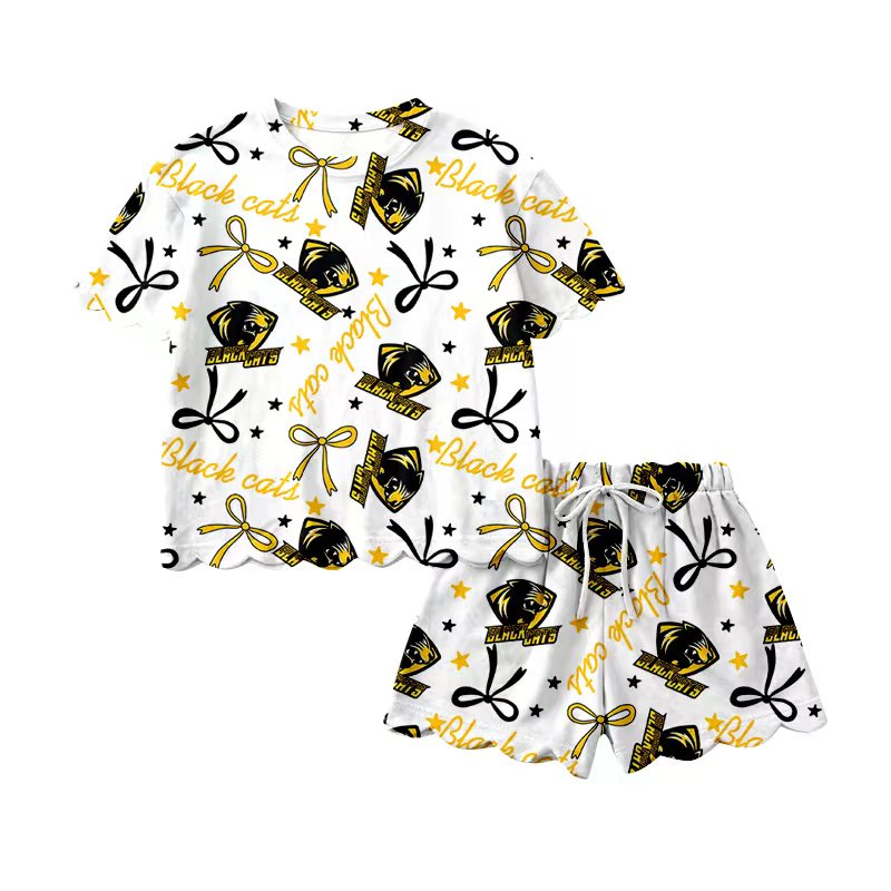 (Custom Design Preorder MOQ 5) Teams Black Cats Bows Print Girls Summer Scallop Clothes Set