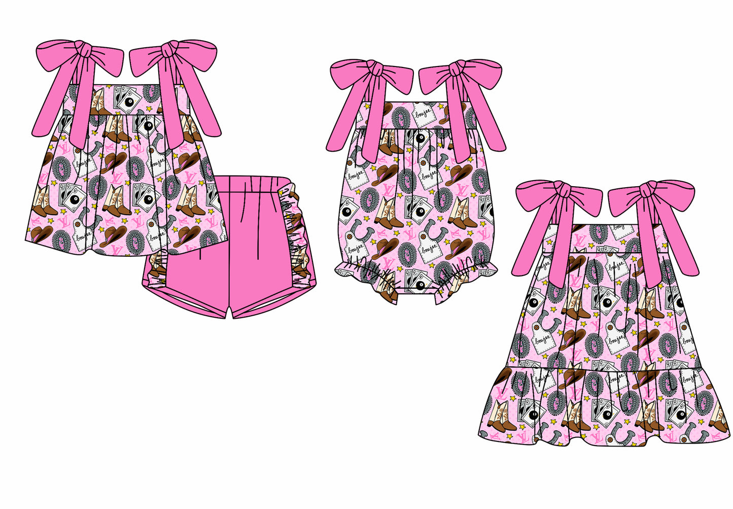 12.5(Custom Design Preorder MOQ 5 Each Design) Turquoise Boots L*V* Western Print Girls Summer Matching Clothes Sisters Wear