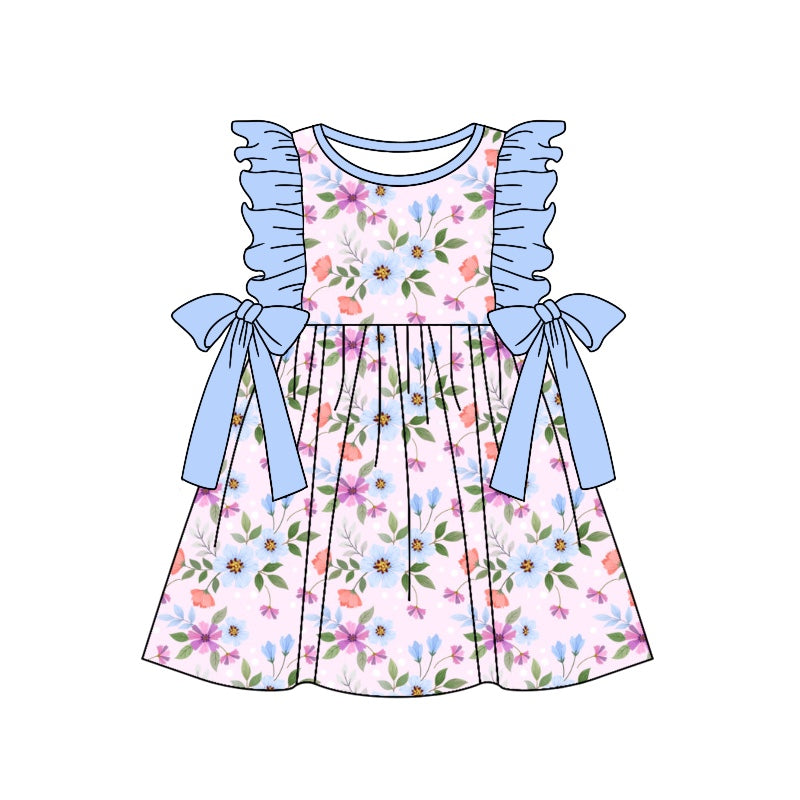 (Custom Design Preorder MOQ 5) Blue Flowers Print Girls Knee Length Summer Dress