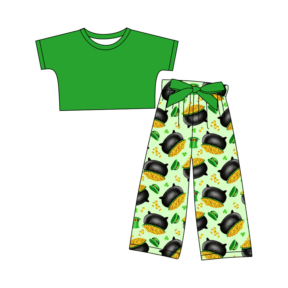 12.10(Custom Design Preorder MOQ 5) Green Top Golden Pants Girls St. Patrick's Day Clothes Set