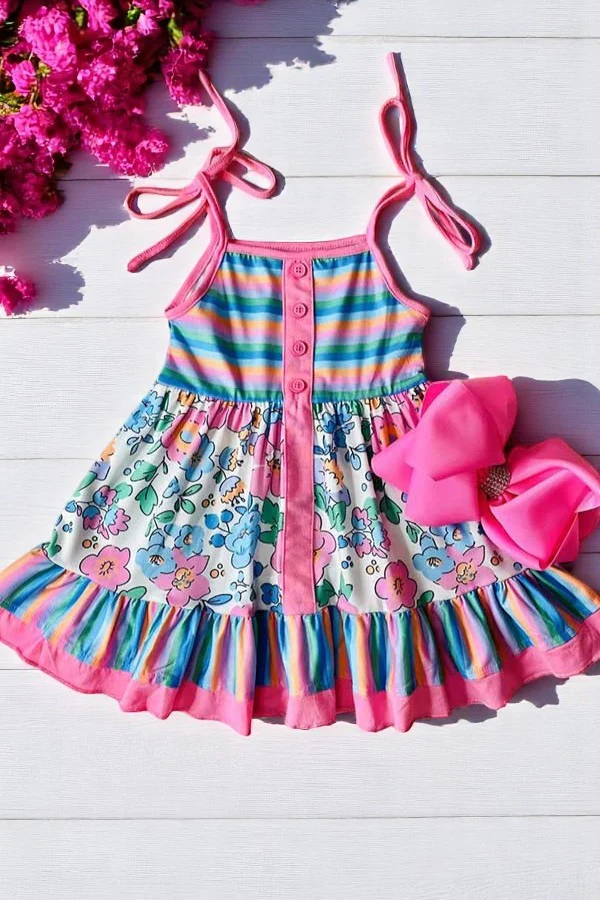 (Custom Design Preorder MOQ 5) Flowers Colorful Stripes Print Girls Summer Knee Length Dress