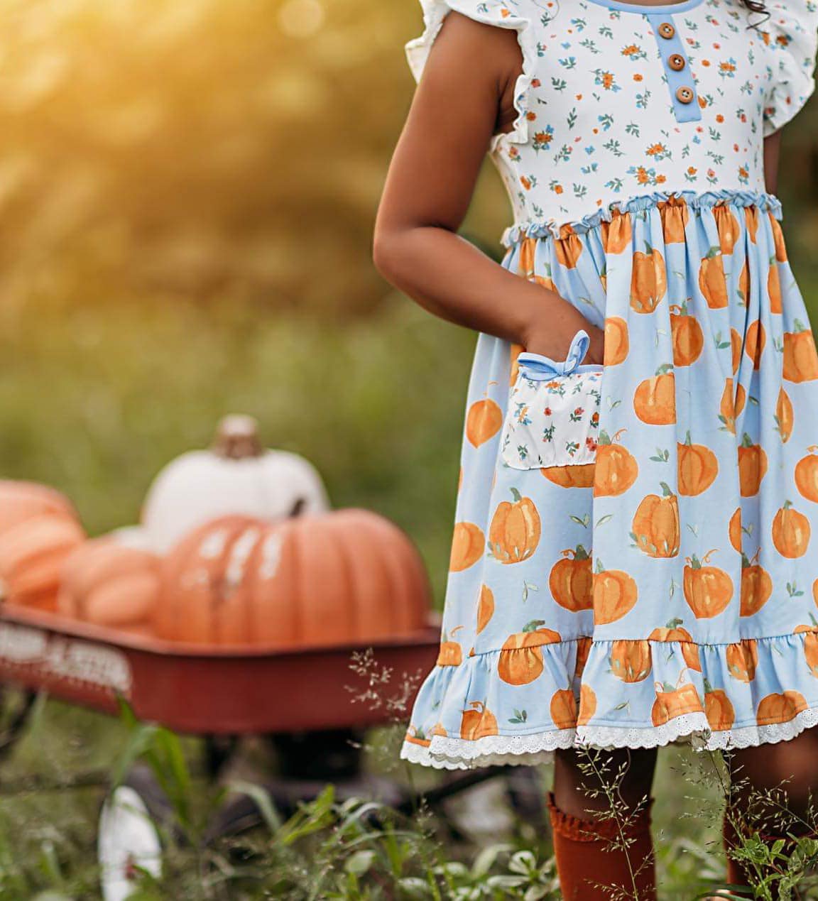 (Custom Design Preorder MOQ 5) Pumpkin Flowers Print Girls Knee Length Fall Dress
