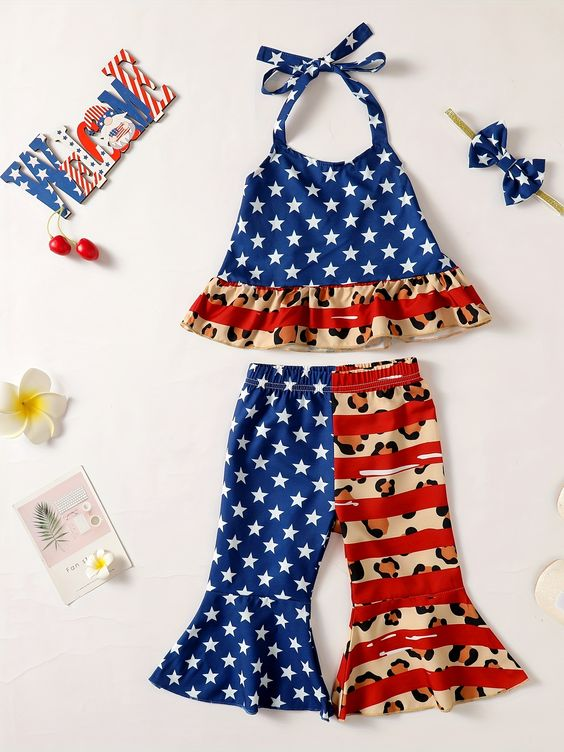 (Custom Design Preorder MOQ 5) Halter Top Stars Leopard Bell Pants Girls 4th of July Clothes Set
