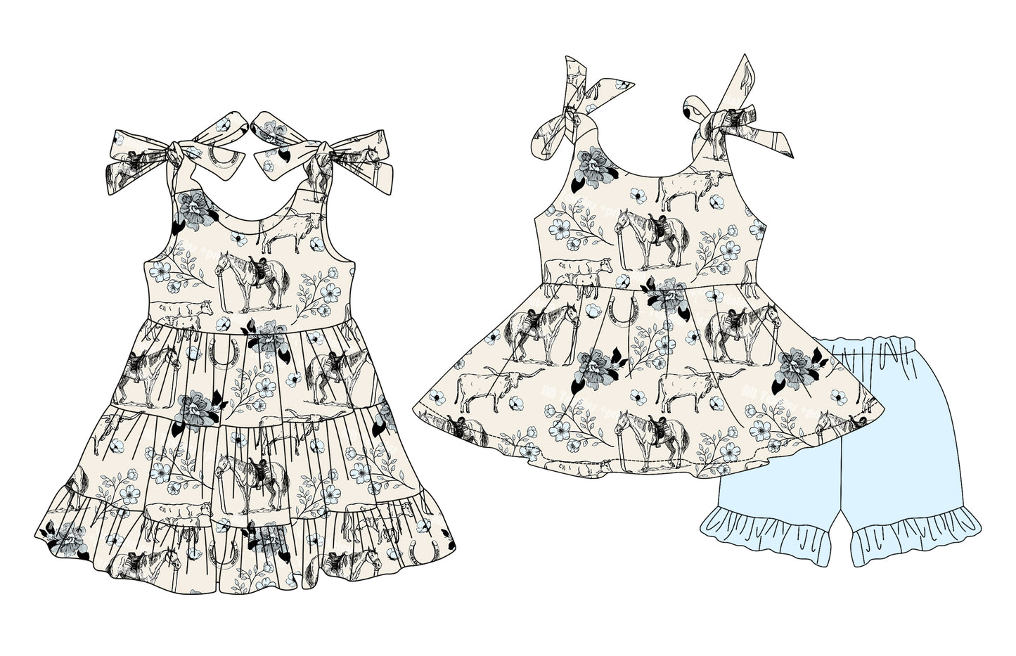 3.29(Custom Design Preorder MOQ 5 Each Design) Cows Horse Print Girls Summer Matching Clothes Sisters Wear