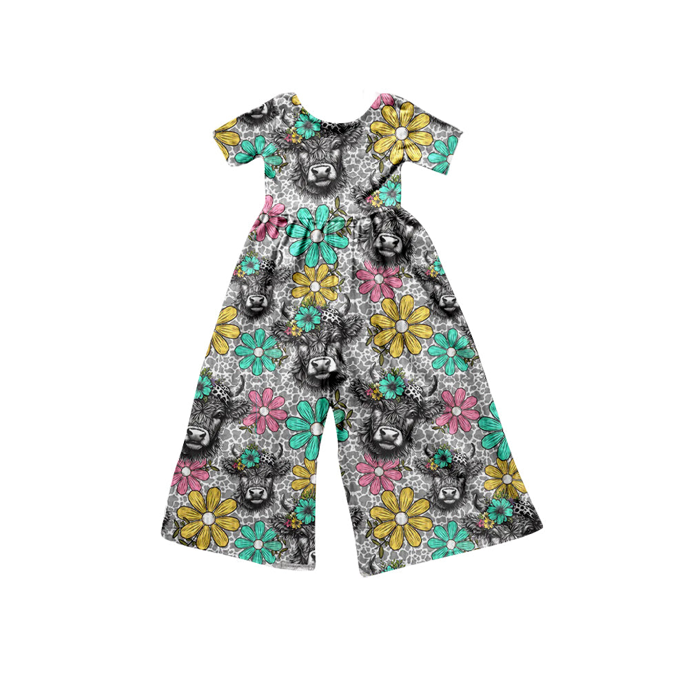 (Custom Design Preorder MOQ 5) Highland Cow Flowers Print Girls Summer Jumpsuits