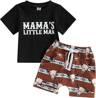 (Custom Design Preorder MOQ 5) MAMA'S LITTLE MAN Top Cow Skull Shorts Boys Summer Western Clothes Set