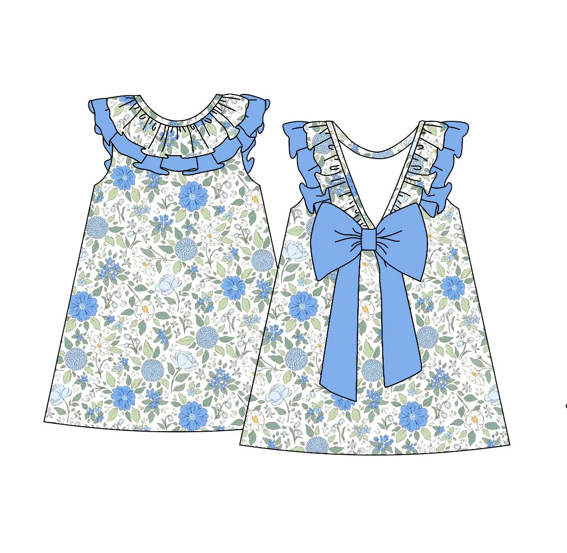 3.10(Custom Design Preorder MOQ 5) Blue Flowers Print Backless Bow Girls Summer Knee Length Dress