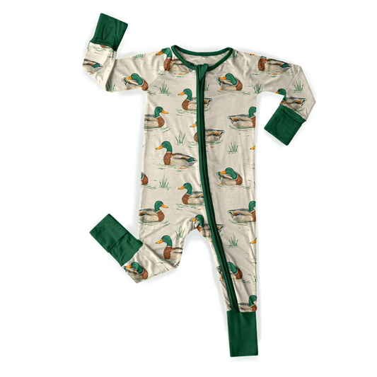 (Custom Design Preorder MOQ 20)  Duck Print Baby Boys Fall Bamboo Sleeper Zipper Romper