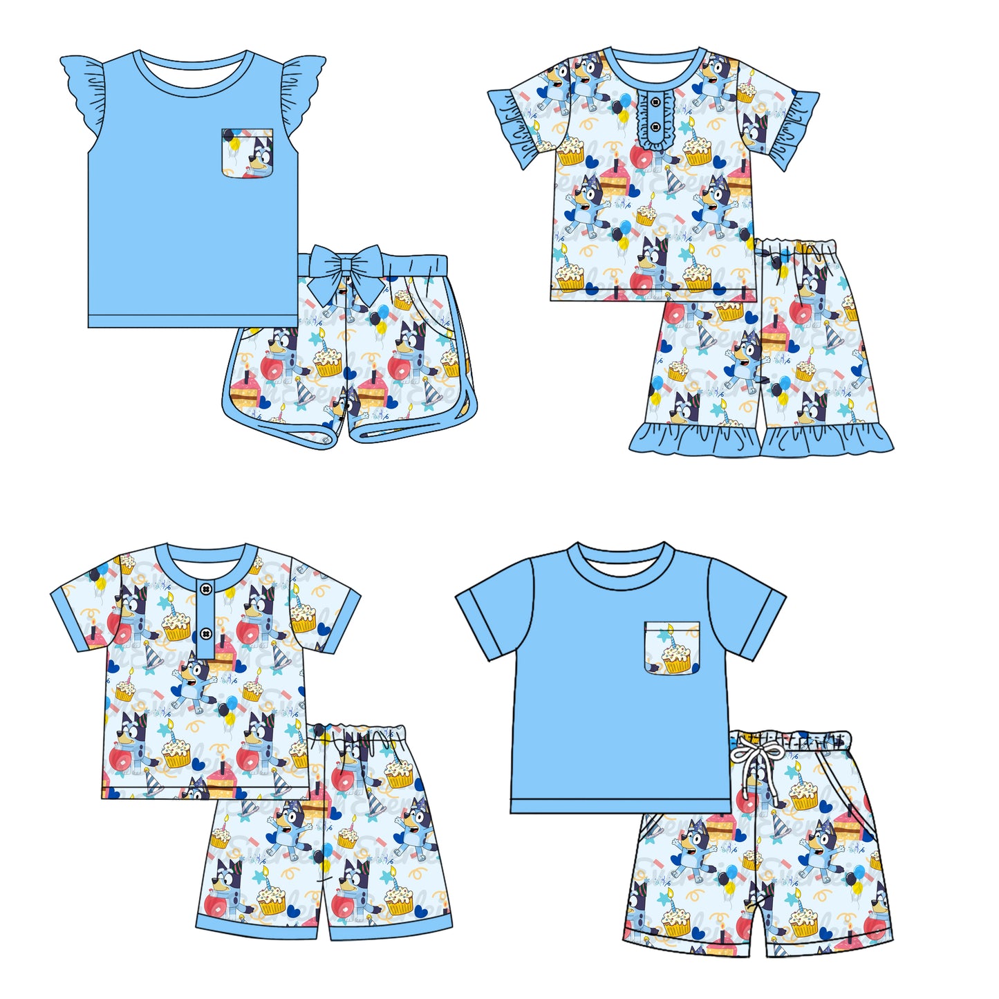 1.4(Custom Design Preorder MOQ 5 Each Design) Cartoon Dog Blue Print Kids Summer Happy Birthday Matching Clothes Sibling Wear
