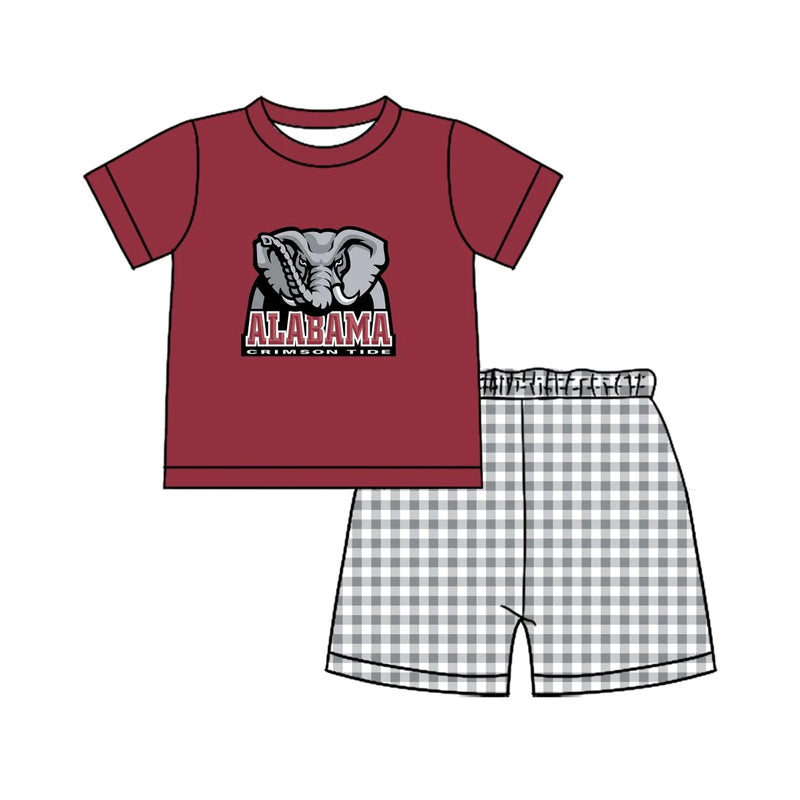 (Custom Design Preorder MOQ 5 ) Team's Alabama Wine Top Plaid Shorts Boys Summer Clothes Set