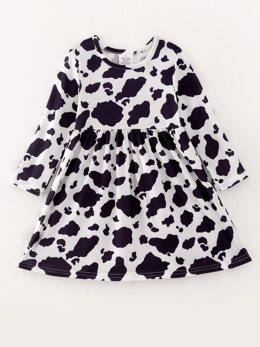 (Custom Design Preorder MOQ 5) Black Cowhide Print Girls Knee Length Dress