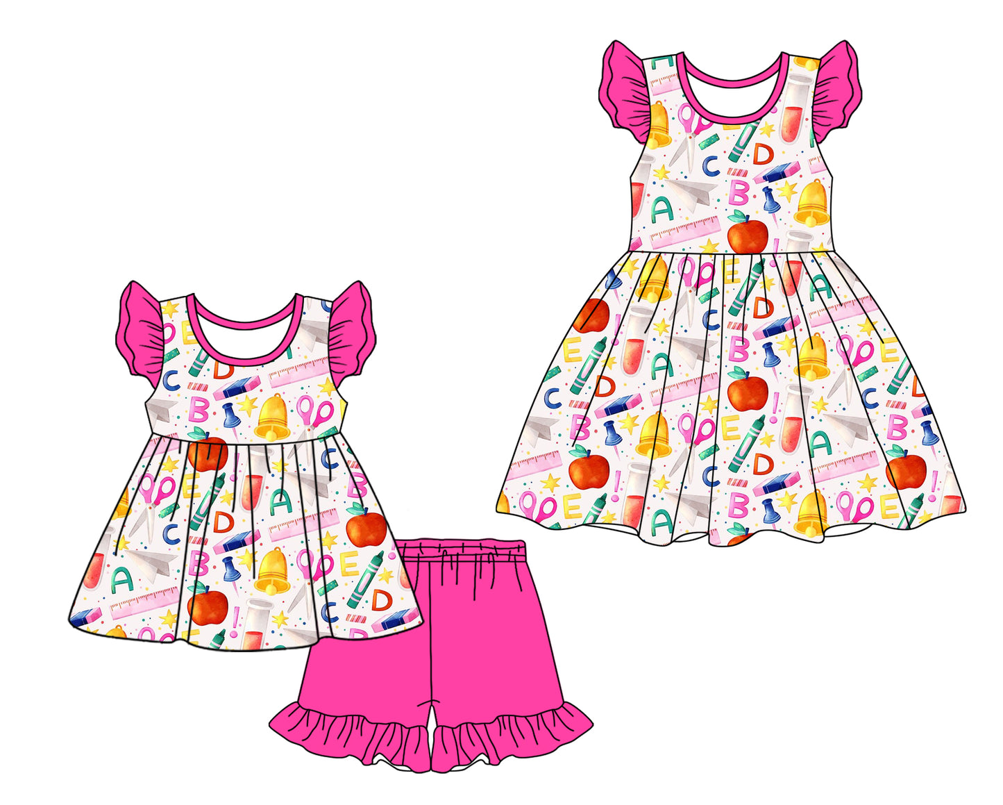2.22(Custom Design Preorder MOQ 5 Each Design) ABCD Pen Apple Print Girls Back to School Matching Clothes Sisters Wear