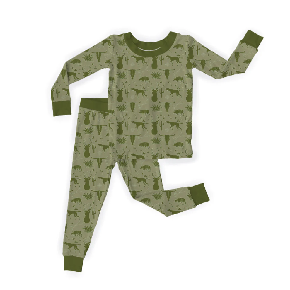 (Custom Design Preorder MOQ 20) Dog Deer Green Print Boys Hunting Bamboo Pajamas Clothes Set