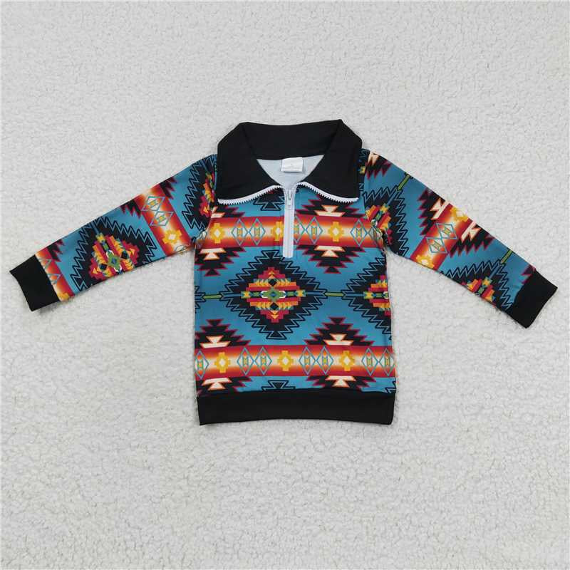 4 Colors Boys Long Sleeve Aztec Print Western Zipper Pullover Top