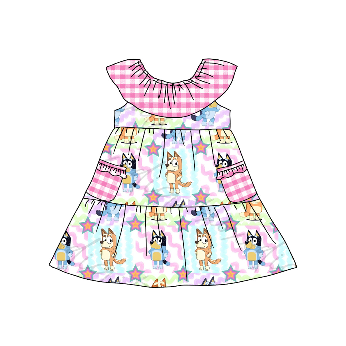 (Custom Design Preorder MOQ 5) Cartoon Dog Girls Summer Knee Length Dress