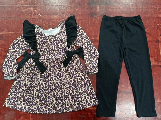 (Custom Design Preorder MOQ 5) Leopard Tunic Top Black Pants Girls Clothes Set