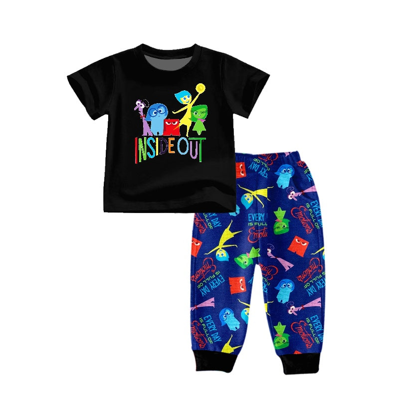 (Custom Design Preorder MOQ 5) Cartoon Figure Inside Out Top Blue Pants Boys Clothes Set