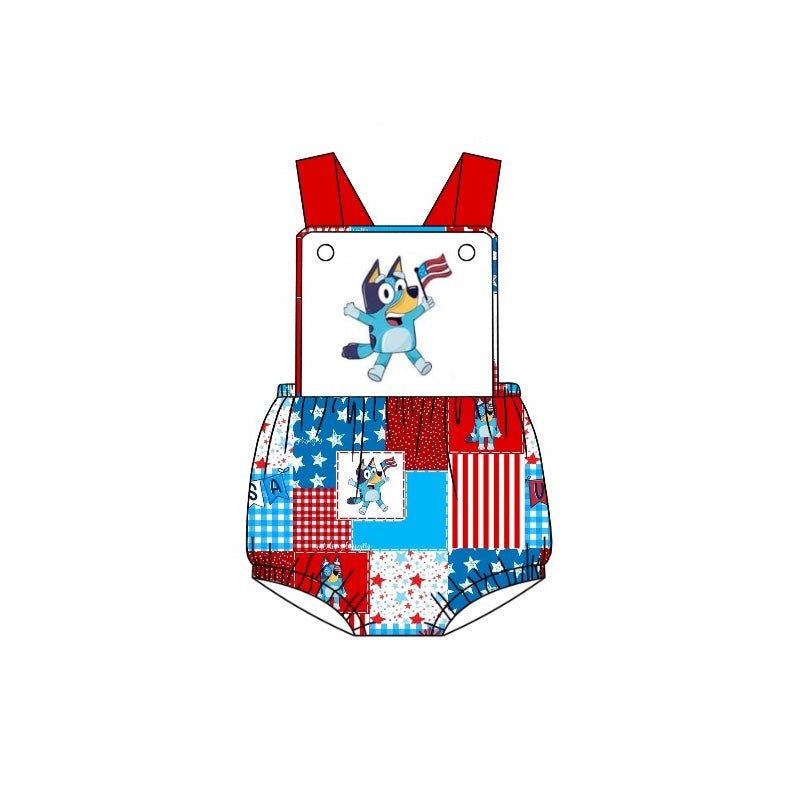 (Custom Design Preorder MOQ 5) Cartoon Dog Flag Print Baby Boys 4th of July Romper