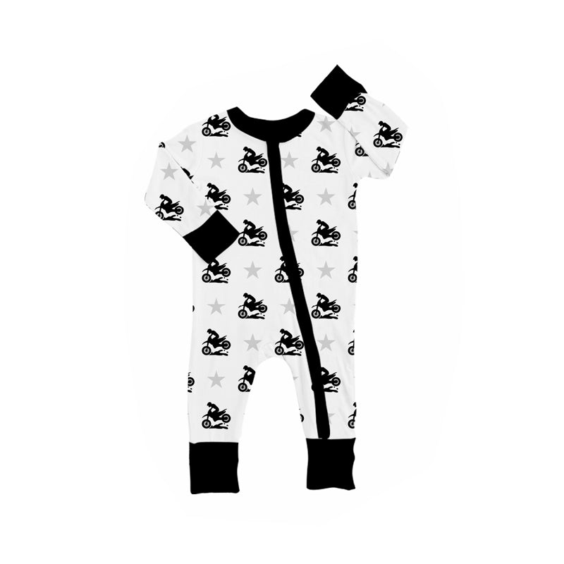 (Custom Design Preorder MOQ 20) Motorcycle Stars Print Baby Long Sleeve Bamboo Sleeper Zipper Romper