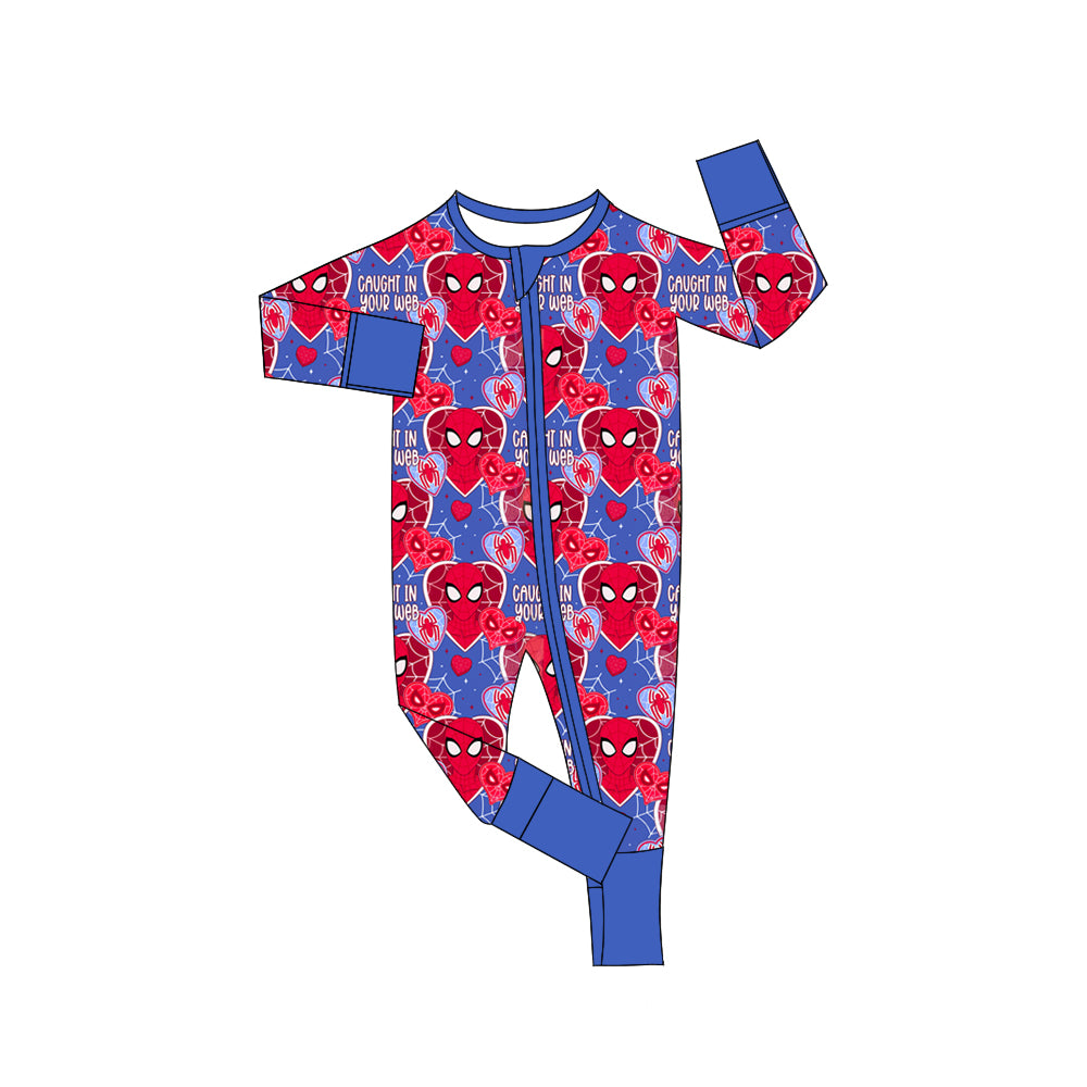 (Custom Design Preorder MOQ 20) Cartoon Spider Heart Print Baby Boys Valentine's Day Bamboo Sleeper Zipper Romper
