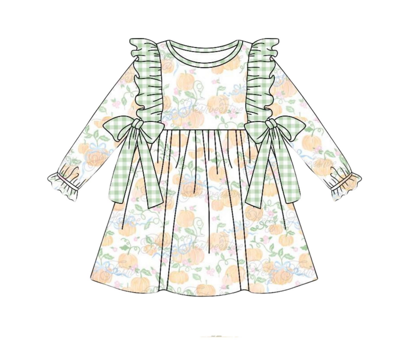 (Custom Design Preorder MOQ 5) Pumpkin Print Girls Knee Length Fall Dress