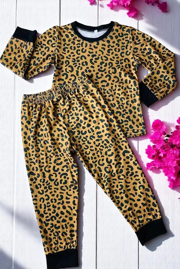 (Custom Design Preorder MOQ 5) Leopard Print Kids Fall Pajamas Clothes Set