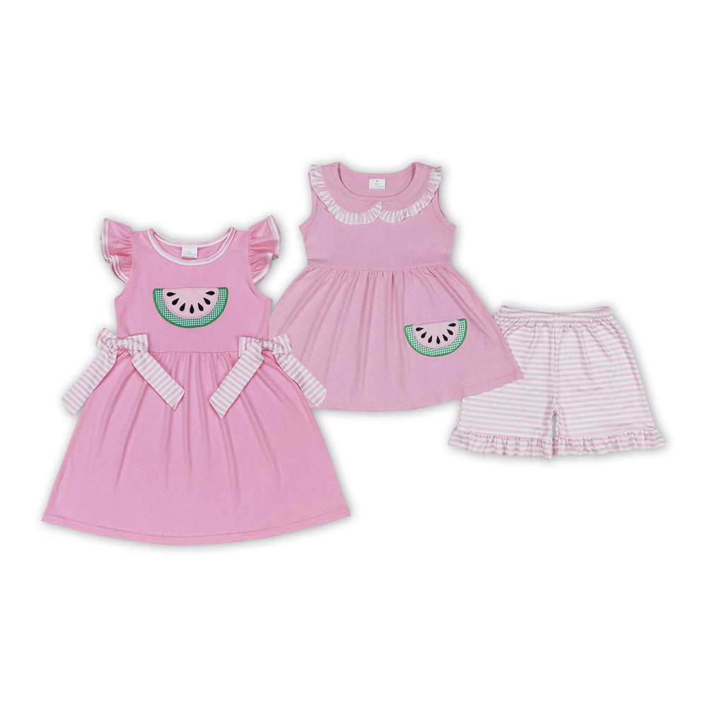 Pink Watermelon Embroidery Stripes Print Sisters Summer Matching Clothes
