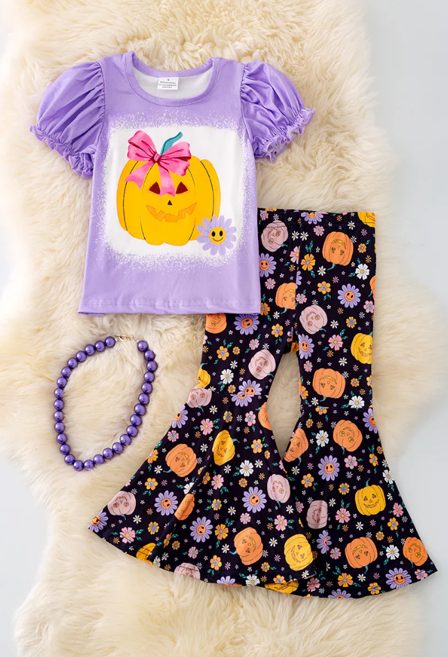 (Custom Design Preorder MOQ 5) Pumpkin Flowers Print Girls Halloween Clothes Set