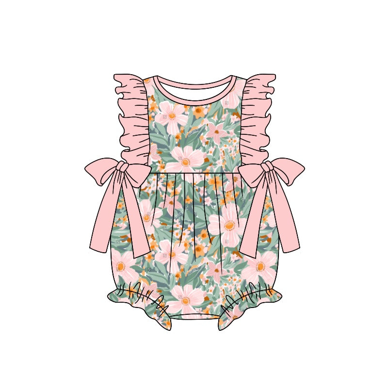 (Custom Design Preorder MOQ 5) Pink Flowers Print Baby Girls Summer Romper