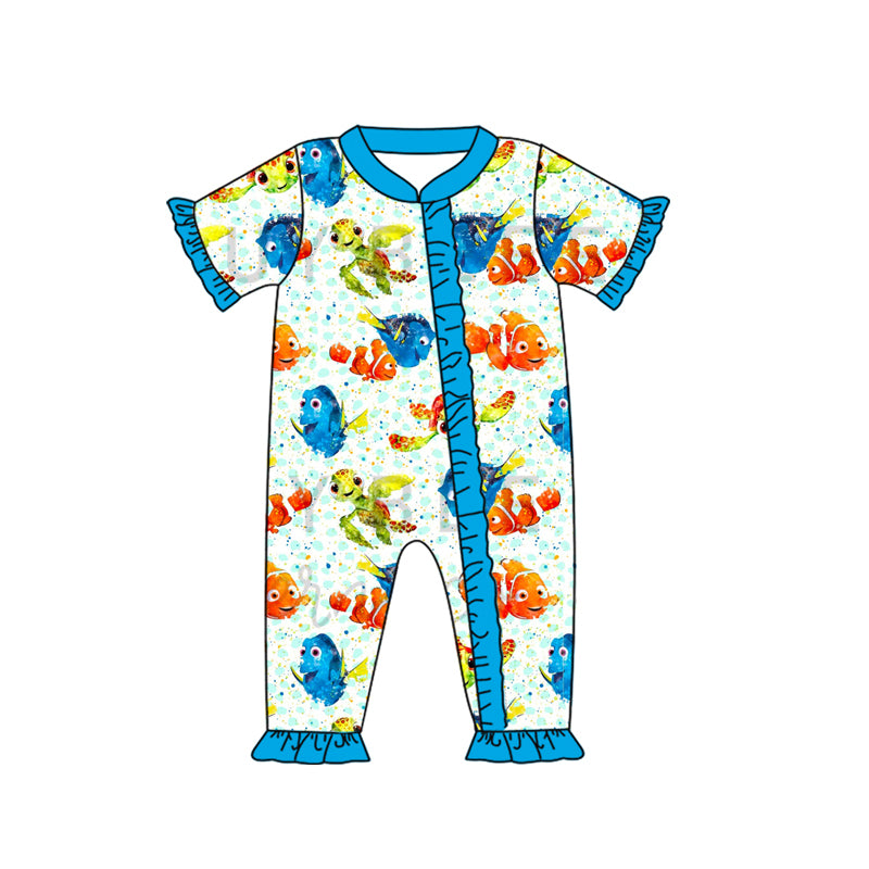 (Custom Design Preorder MOQ 5) Cartoon Fish Print Baby Girls Zipper Romper