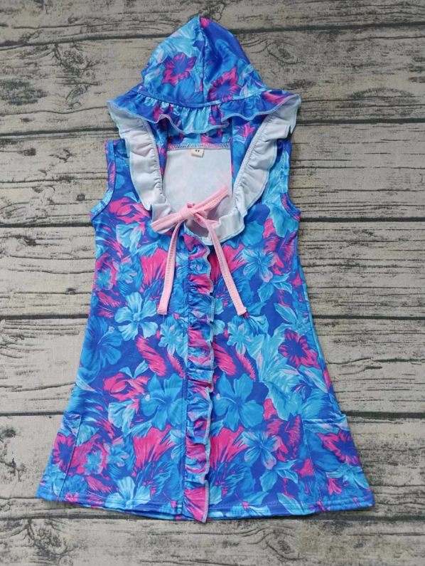 (Custom Design Preorder MOQ 5) Blue Flowers Print Girls Hooded Swimming Coverup
