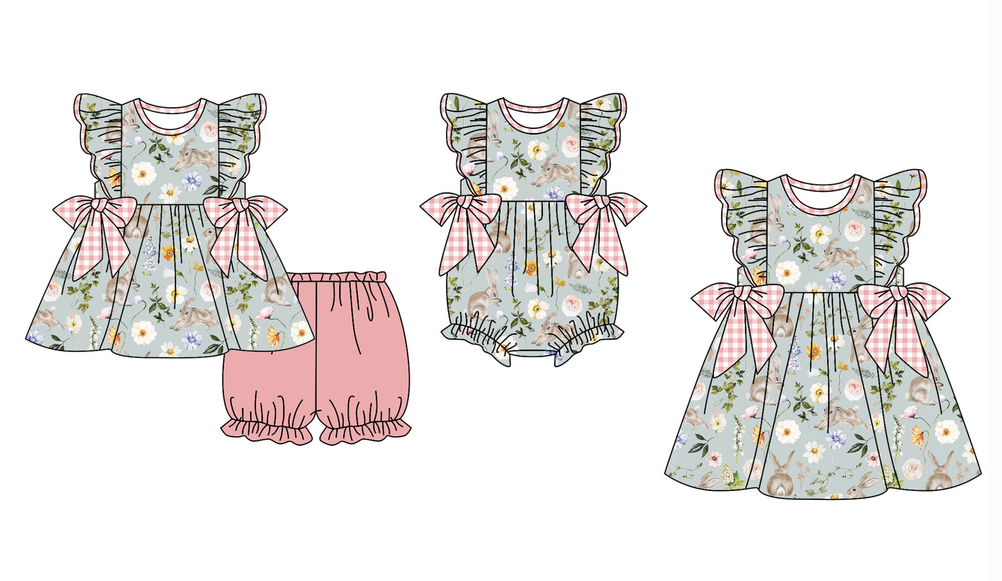 11.29(Custom Design Preorder MOQ 5 Each Design) Bunny Flowers Print Girls Easter Matching Clothes Sisters Wear