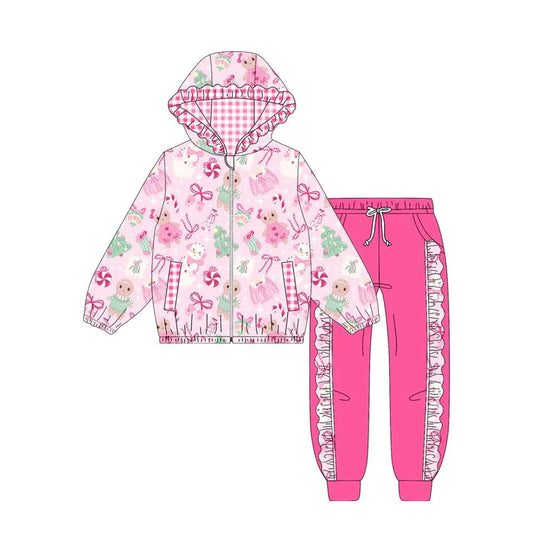 (Custom Design Preorder MOQ 5) Gingerbread Bows Pink Print Hoodie Zipper Top Pockets Pants Girls Christmas Clothes Set