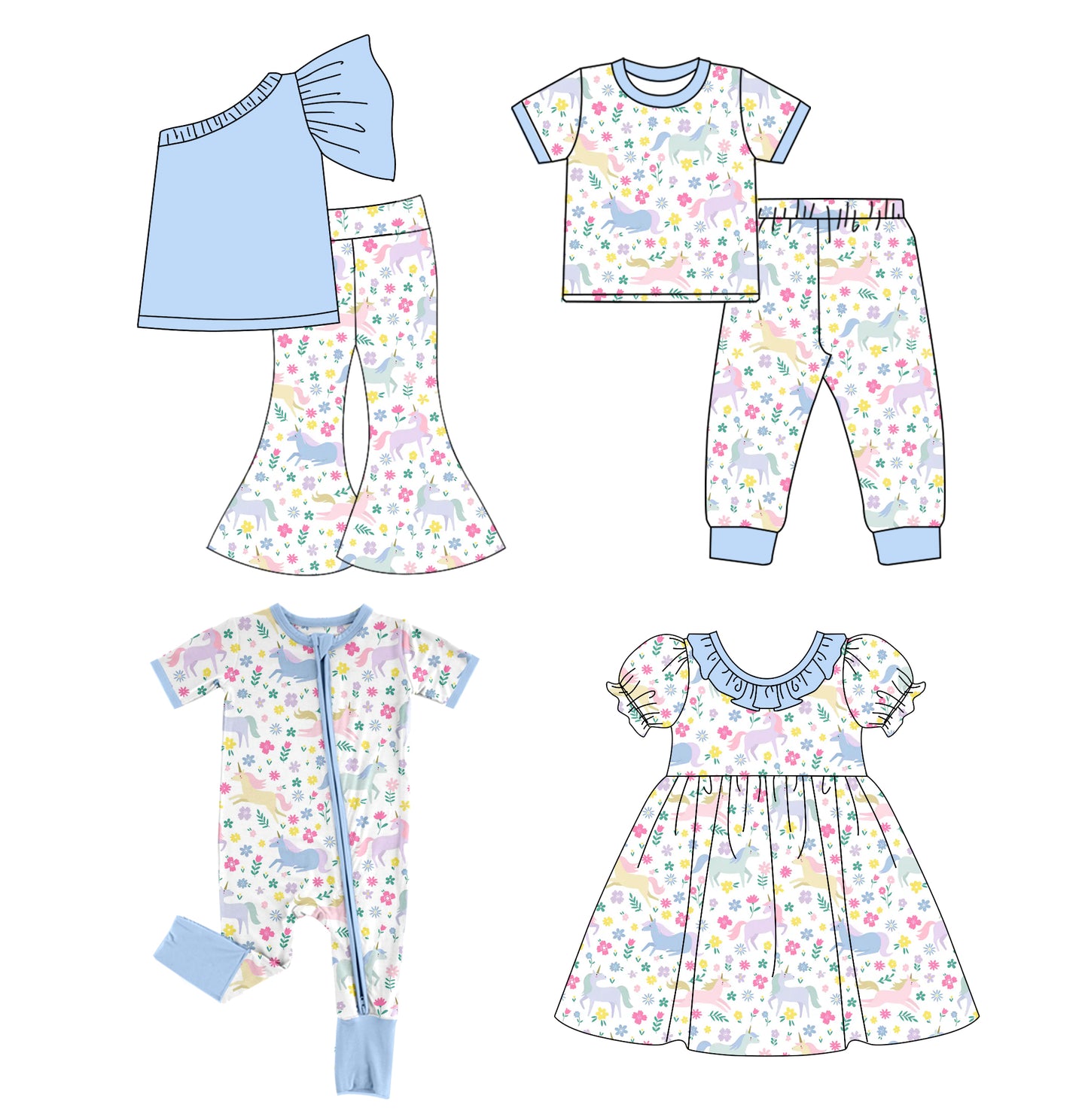 11.4(Custom Design Preorder MOQ 5 Each Design) Unicorn Flowers Print Girls Summer Matching Clothes Sisters Wear