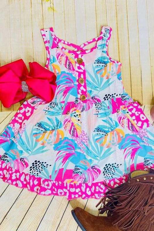 (Custom Design Preorder MOQ 5) Colorful Leaf Print Girls Summer Knee Length Dress