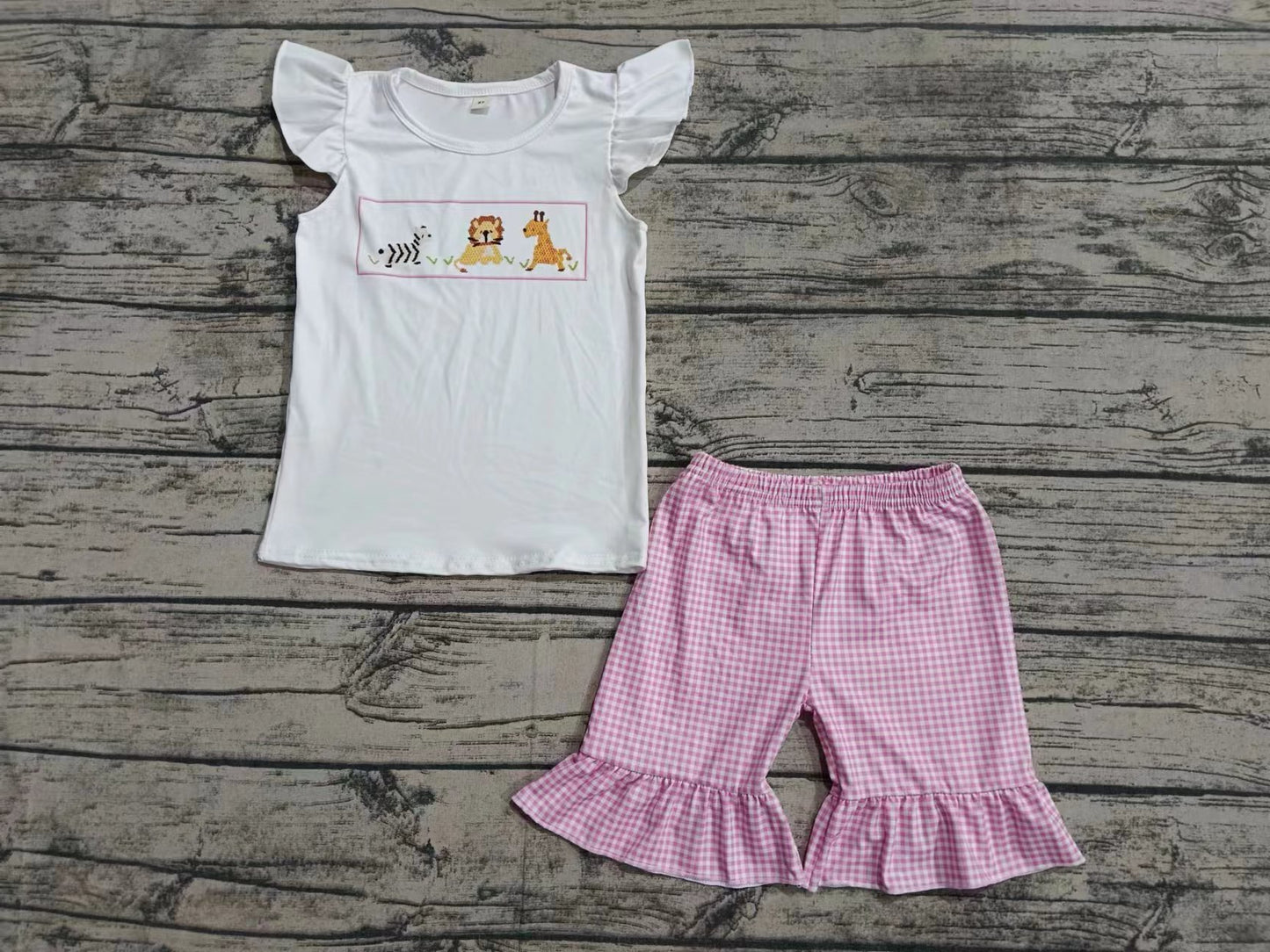 (Custom Design Preorder MOQ 5) Animals Top Pink Shorts Girls Summer Clothes Set