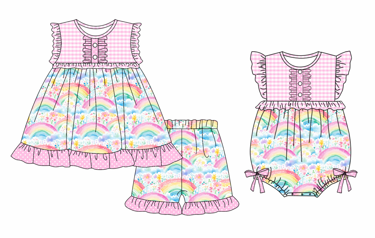 3.29(Custom Design Preorder MOQ 5 Each Design) Rainbow Flowers Print Girls Summer Matching Clothes Sisters Wear