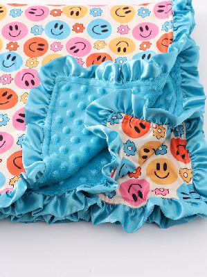 (Custom Design Preorder MOQ 5) Smimling Face Flowers Print Baby Girls Ruffle Blanket