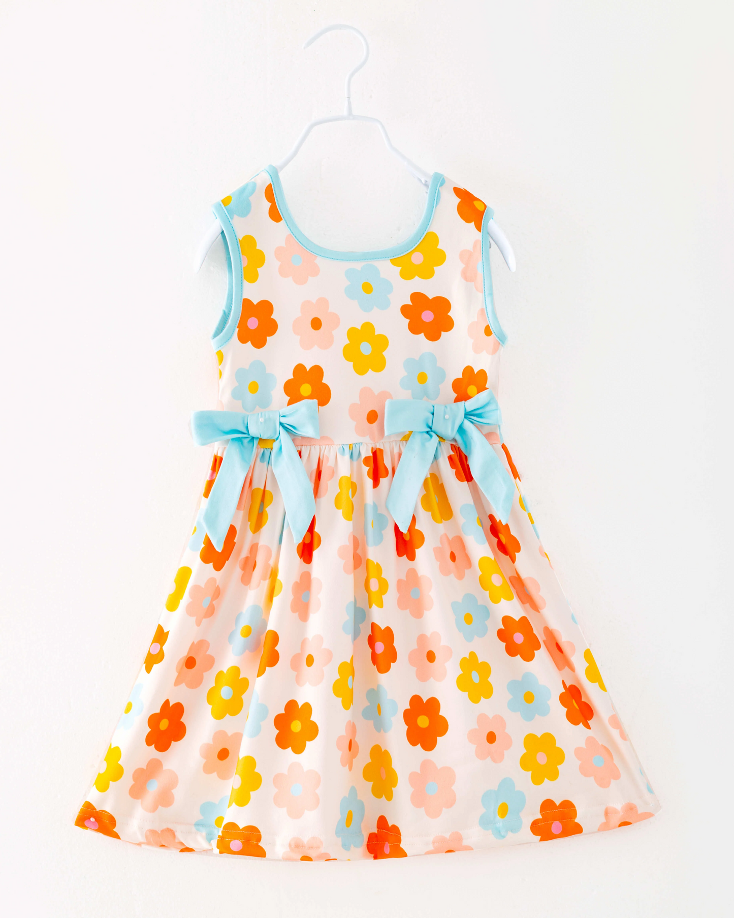 (Custom Design Preorder MOQ 5) Colorful Flowers Print Girls Knee Length Summer Dress