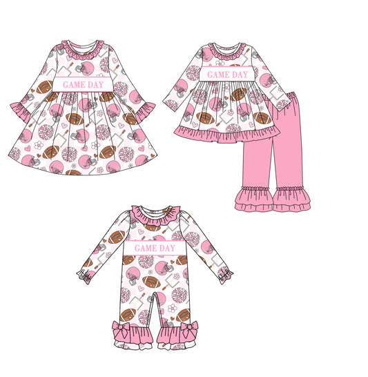 (Custom Design Preorder MOQ 5 Each Design) Game Day Cheer Pink Print Girls Matching Clothes Sisters Wear