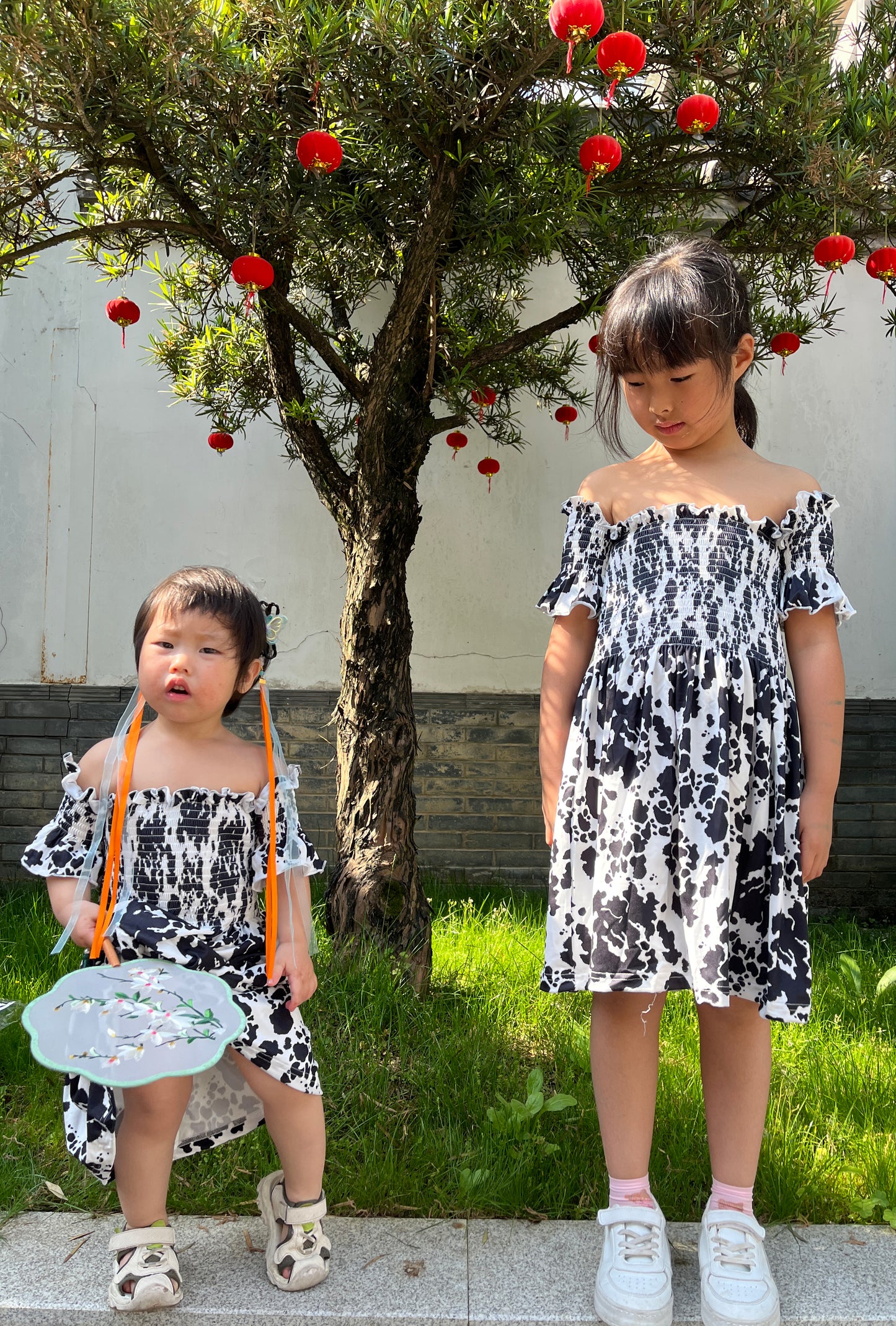GSD0960 Cow Print Girls Summer Smocked Knee Length Dress
