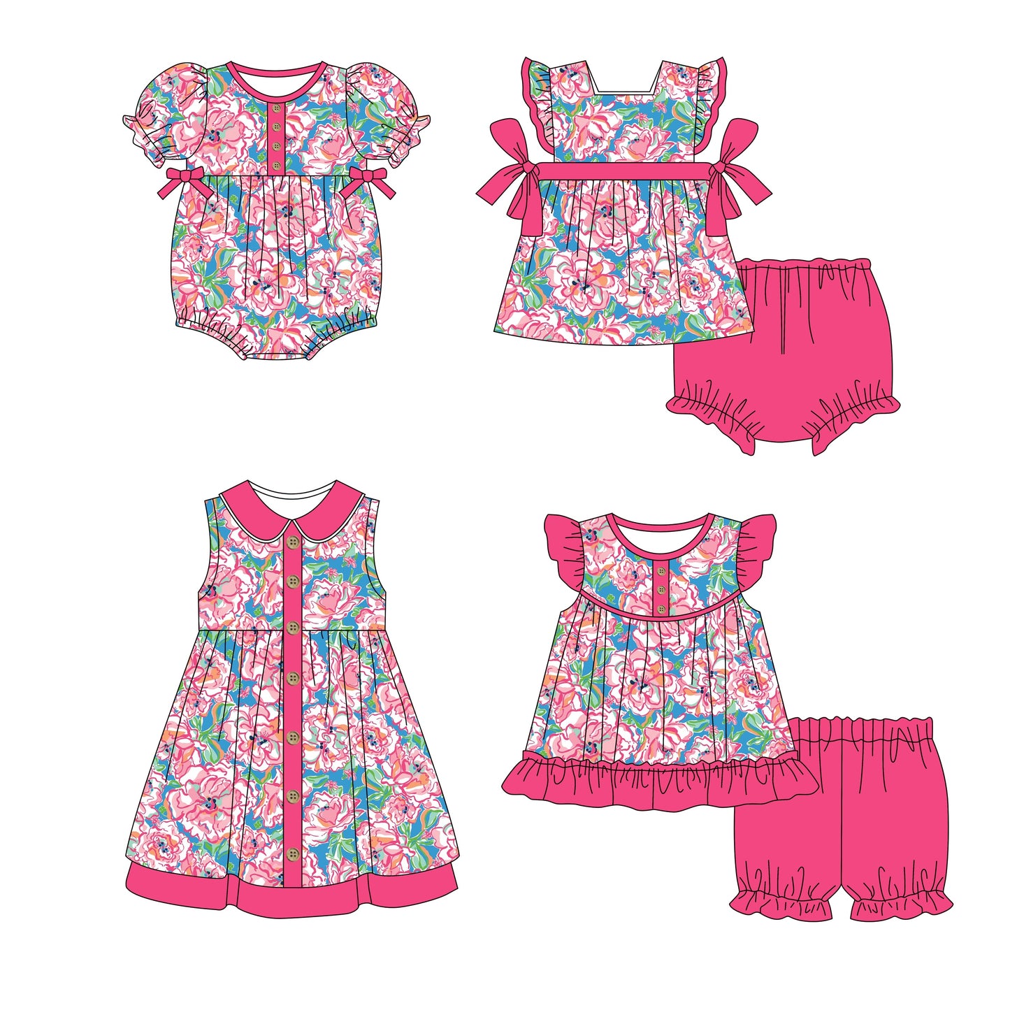 11.7(Custom Design Preorder MOQ 5 Each Design) Flowers Print Girls Summer Matching Clothes Sisters Wear